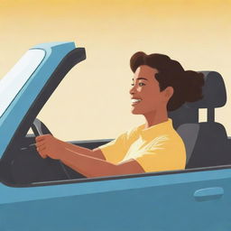 Create a clipart style image of a person happily driving a car, seen from the side, on a bright and sunny day.