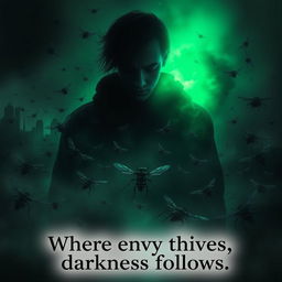 A dark, atmospheric scene centered around a figure emanating a glowing green aura, symbolizing conflict and mystery