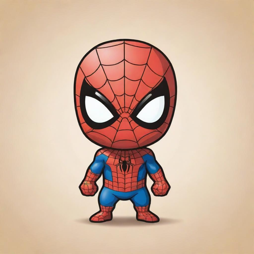 An adorable chibi-style drawing of Spiderman, featuring exaggerated cute features, bold colors, and simplistic, clean lines.