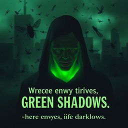 Title: 'Green Shadows' - A dark, atmospheric scene centered around a figure with a glowing green aura, symbolizing conflict and mystery