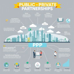 A comprehensive, visually engaging infographic illustrating the concept of Public-Private Partnerships (PPP)