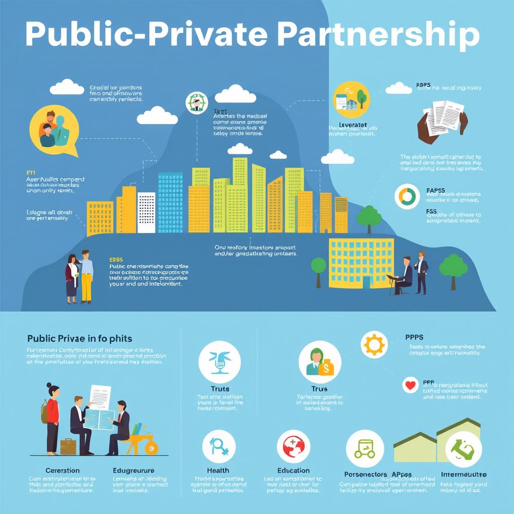 A comprehensive, visually engaging infographic illustrating the concept of Public-Private Partnerships (PPP)