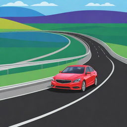 Create a clipart style image of a vibrant colored car on a wide multilane highway with scenic landscapes in the background.