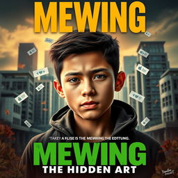 A captivating movie poster for the film titled 'Mewing: The Hidden Art,' featuring a young protagonist practicing mewing techniques with a strong jawline and a confident expression