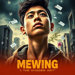 A captivating movie poster for the film titled 'Mewing: The Hidden Art,' featuring a young protagonist practicing mewing techniques with a strong jawline and a confident expression