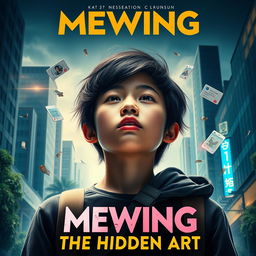 A captivating movie poster for the film titled 'Mewing: The Hidden Art,' featuring a young protagonist practicing mewing techniques with a strong jawline and a confident expression