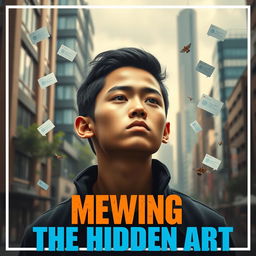 A captivating movie poster for the film titled 'Mewing: The Hidden Art,' featuring a young protagonist practicing mewing techniques with a strong jawline and a confident expression