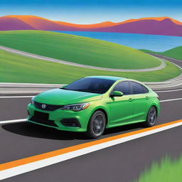 Create a clipart style image of a vibrant colored car on a wide multilane highway with scenic landscapes in the background.