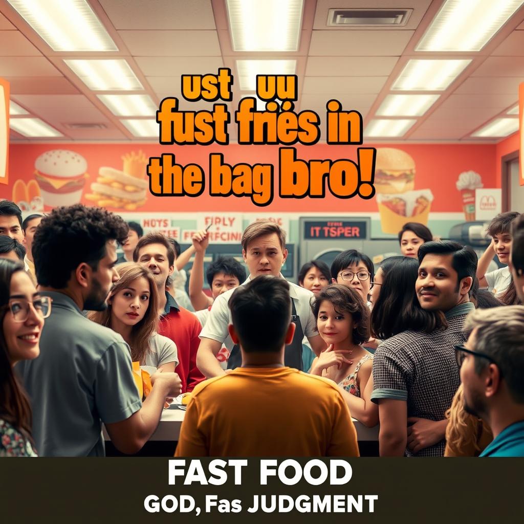 A lively movie poster set against the backdrop of a bustling fast food restaurant, featuring an overwhelmed employee at the counter who looks exasperated by the chaos around them