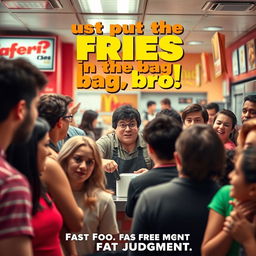 A lively movie poster set against the backdrop of a bustling fast food restaurant, featuring an overwhelmed employee at the counter who looks exasperated by the chaos around them