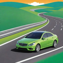 Create a clipart style image of a vibrant colored car on a wide multilane highway with scenic landscapes in the background.