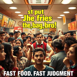 A lively movie poster set against the backdrop of a bustling fast food restaurant, featuring an overwhelmed employee at the counter who looks exasperated by the chaos around them