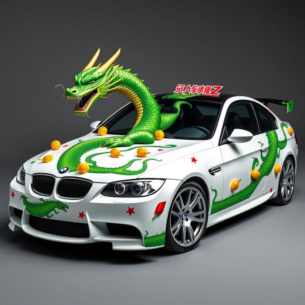 A stunning white E92 car featuring the green dragon Shenron from the Dragon Ball-Z manga series beautifully wrapping around the car's body