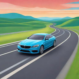 Create a clipart style image of a vibrant colored car on a wide multilane highway with scenic landscapes in the background.