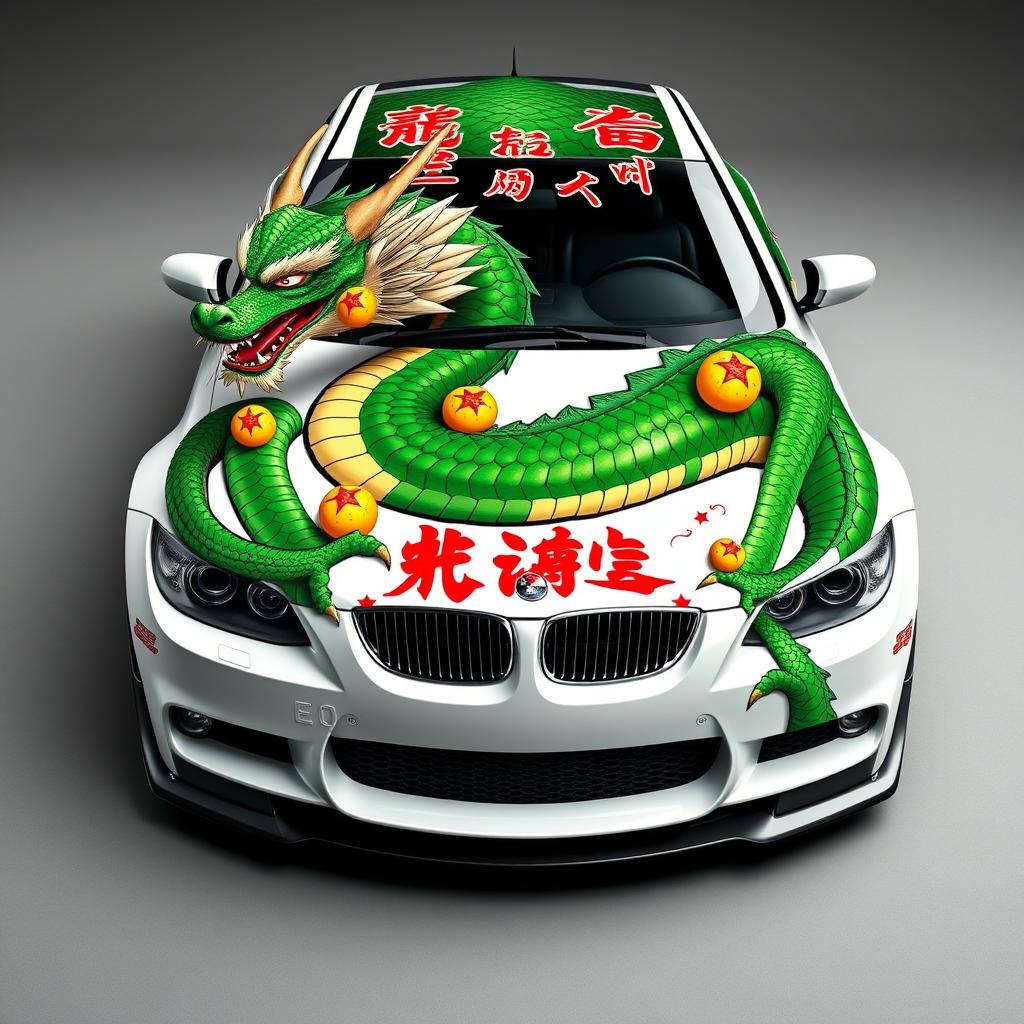 A stunning white E92 car featuring the green dragon Shenron from the Dragon Ball-Z manga series beautifully wrapping around the car's body