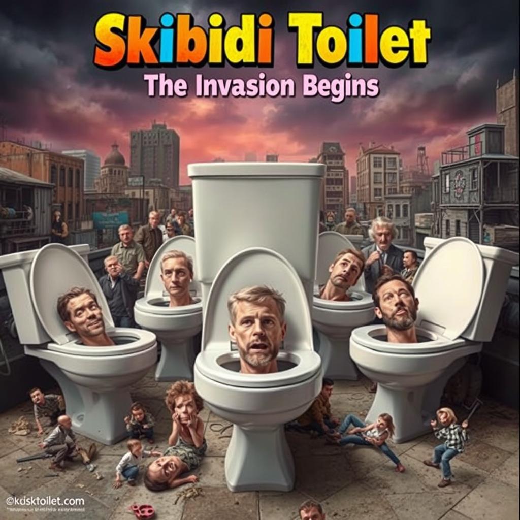 A surreal movie poster featuring a whimsical yet eerie scene of toilets with human heads emerging from the bowls, creating a playful yet unsettling visual