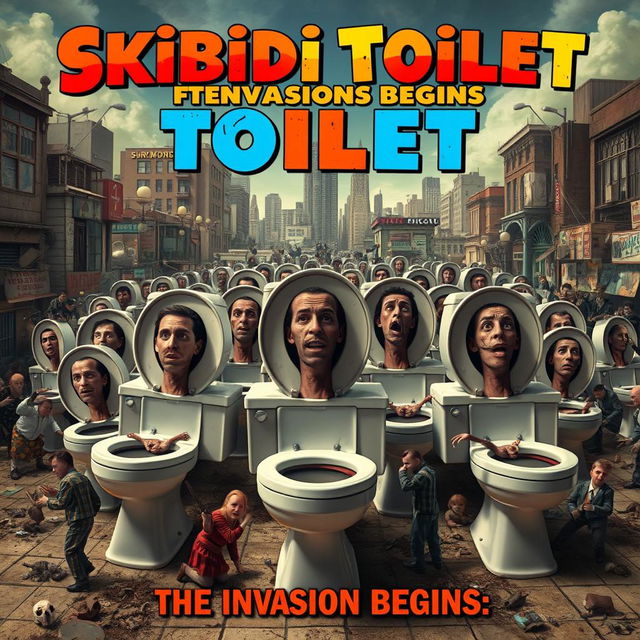 A surreal movie poster featuring a whimsical yet eerie scene of toilets with human heads emerging from the bowls, creating a playful yet unsettling visual