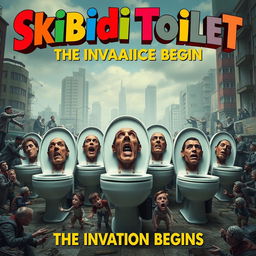 A surreal movie poster featuring a whimsical yet eerie scene of toilets with human heads emerging from the bowls, creating a playful yet unsettling visual