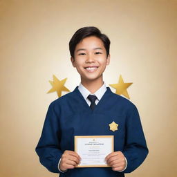 Create a clipart style image of an honor student happily holding a certificate, with a gold-starred badge pinned on their chest, symbolizing excellence in academic performance.