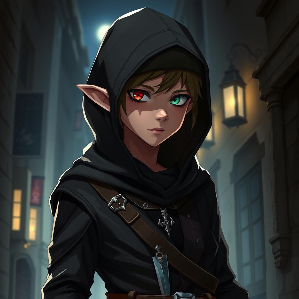 A teenage half-elf boy guild leader standing confidently in a dimly lit alleyway