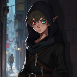 A teenage half-elf boy guild leader standing confidently in a dimly lit alleyway