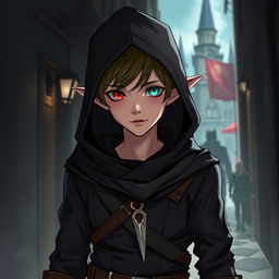 A teenage half-elf boy guild leader standing confidently in a dimly lit alleyway