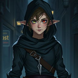 A teenage half-elf boy guild leader standing confidently in a dimly lit alleyway