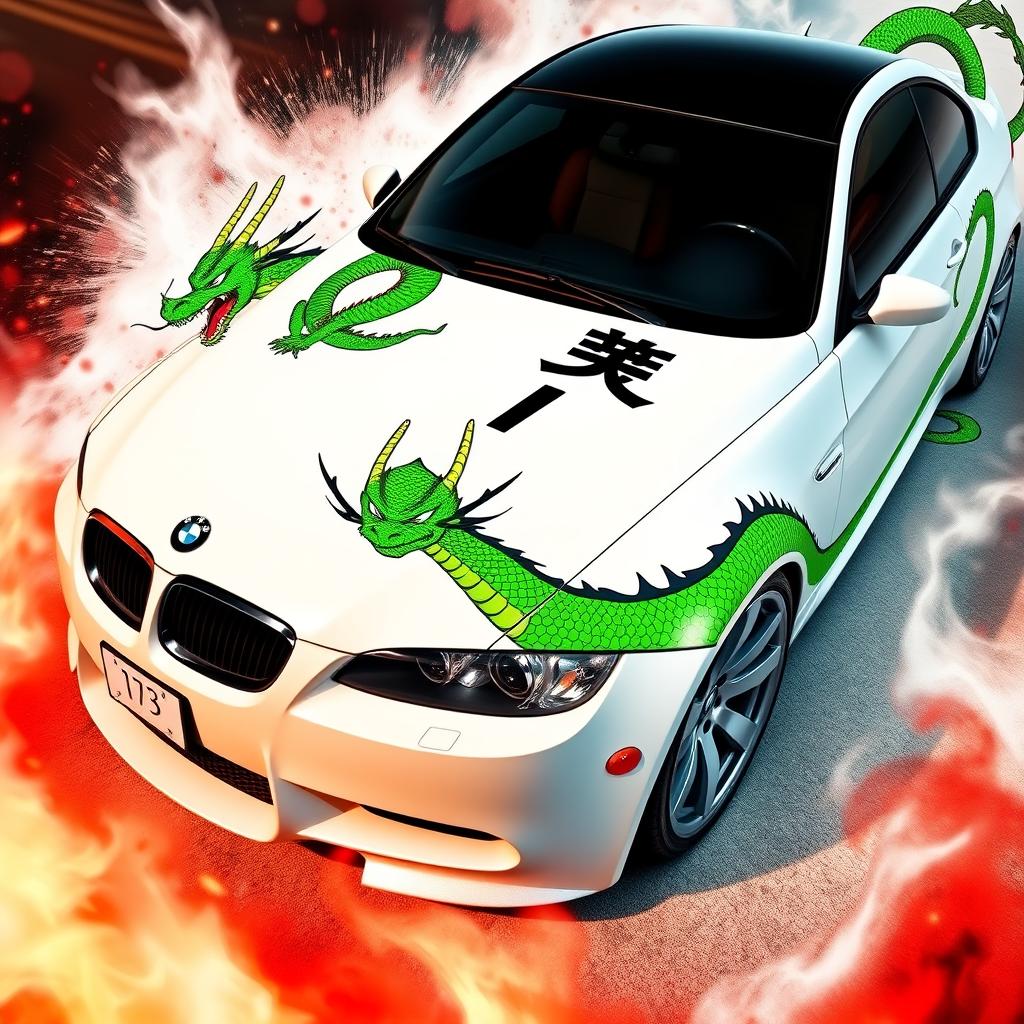 A sleek white E92 car featuring a vibrant green dragon from the Dragon Ball-Z manga series, with the dragon's tail starting at one headlight and extending to its head, which ends on one side of the car door