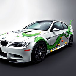 A sleek white E92 car featuring a vibrant green dragon from the Dragon Ball-Z manga series, with the dragon's tail starting at one headlight and extending to its head, which ends on one side of the car door