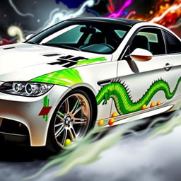 A sleek white E92 car featuring a vibrant green dragon from the Dragon Ball-Z manga series, with the dragon's tail starting at one headlight and extending to its head, which ends on one side of the car door