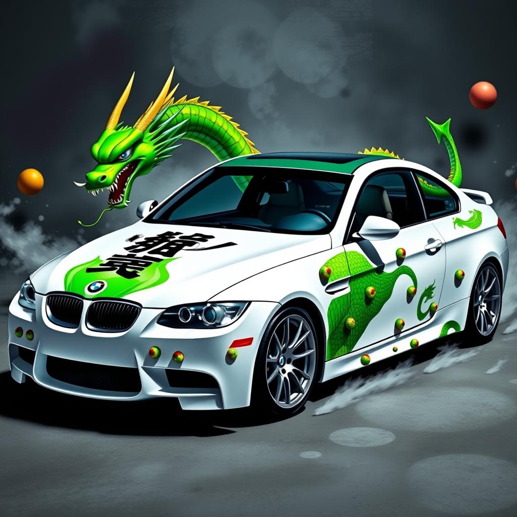 A sleek white E92 car featuring a vibrant green dragon from the Dragon Ball-Z manga series, with the dragon's tail starting at one headlight and extending to its head, which ends on one side of the car door