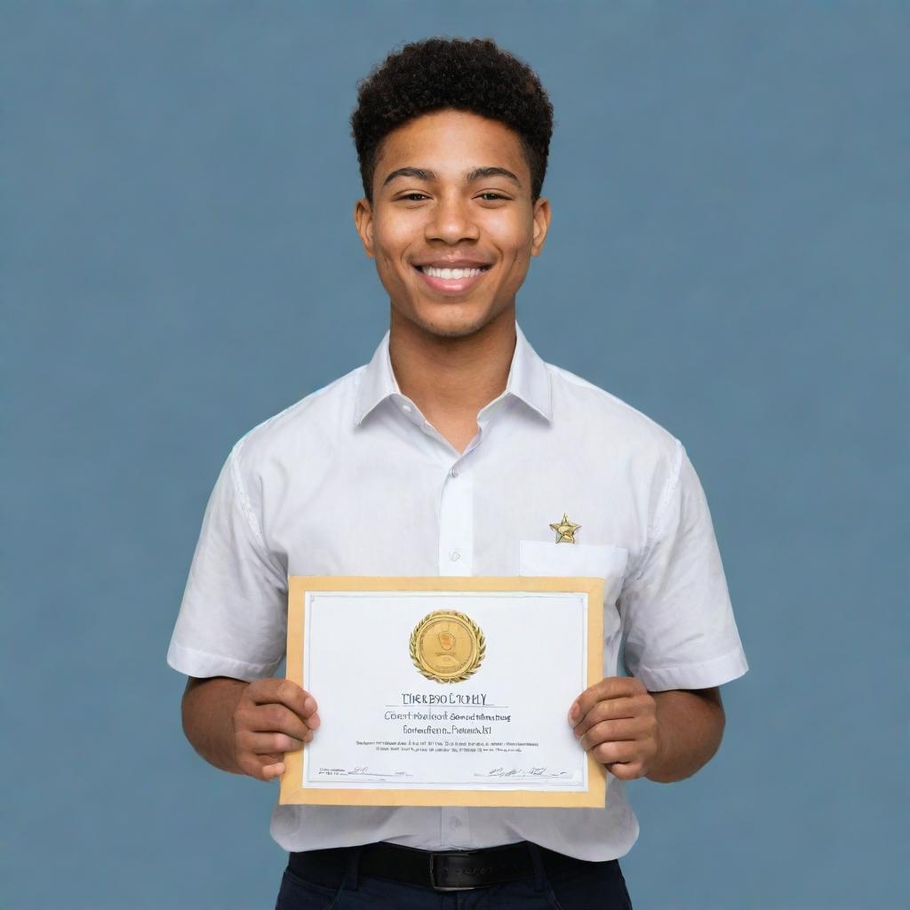 Create a clipart style image of an honor student happily holding a certificate, with a gold-starred badge pinned on their chest, symbolizing excellence in academic performance.