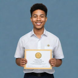 Create a clipart style image of an honor student happily holding a certificate, with a gold-starred badge pinned on their chest, symbolizing excellence in academic performance.