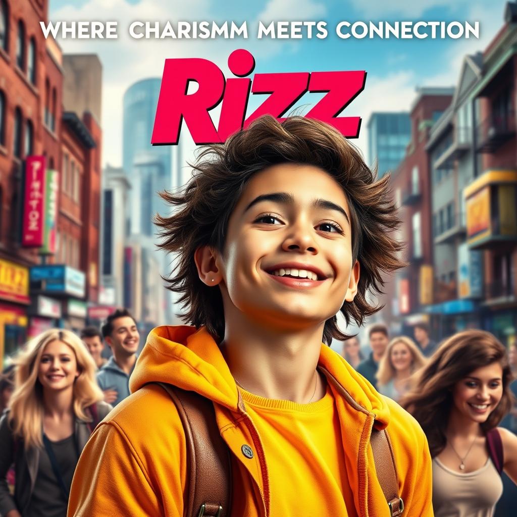 A dynamic movie poster featuring a charismatic young protagonist exuding confidence and charm, set against a vibrant urban backdrop