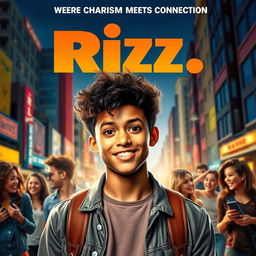 A dynamic movie poster featuring a charismatic young protagonist exuding confidence and charm, set against a vibrant urban backdrop