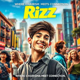 A dynamic movie poster featuring a charismatic young protagonist exuding confidence and charm, set against a vibrant urban backdrop