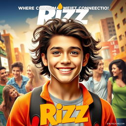 A dynamic movie poster featuring a charismatic young protagonist exuding confidence and charm, set against a vibrant urban backdrop