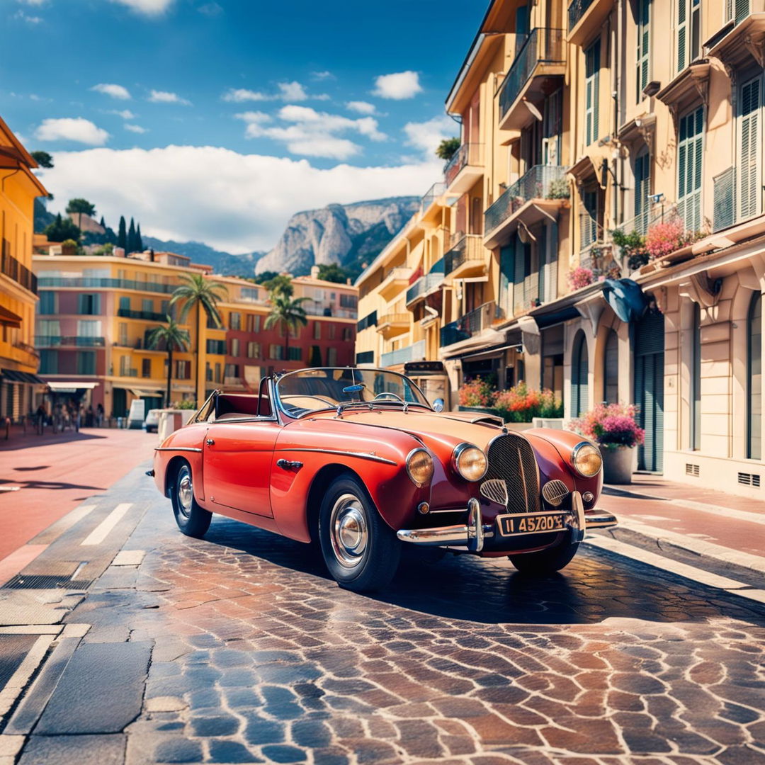 Amy Shore's editorial-style photograph of a vintage car parked on a cobblestone street in Nice, France. The image captures the contrast between the car's rich color and the pastel buildings, as well as the vibrant life of the city.