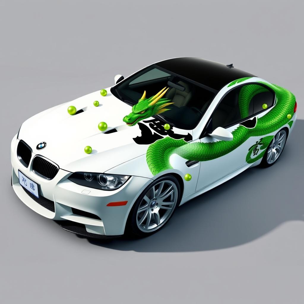 A realistic depiction of a white E92 car creatively designed with the green dragon from the Dragon Ball-Z manga series wrapped around it