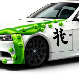 A realistic depiction of a white E92 car creatively designed with the green dragon from the Dragon Ball-Z manga series wrapped around it