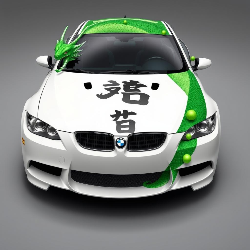 A realistic depiction of a white E92 car creatively designed with the green dragon from the Dragon Ball-Z manga series wrapped around it