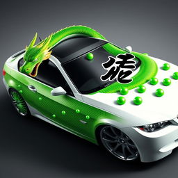 A realistic depiction of a white E92 car creatively designed with the green dragon from the Dragon Ball-Z manga series wrapped around it