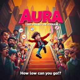 A playful movie poster featuring a quirky character navigating a chaotic world where 'aura points' dictate social standing