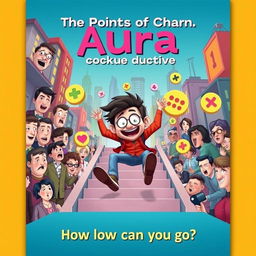 A playful movie poster featuring a quirky character navigating a chaotic world where 'aura points' dictate social standing