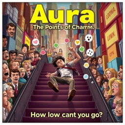 A playful movie poster featuring a quirky character navigating a chaotic world where 'aura points' dictate social standing