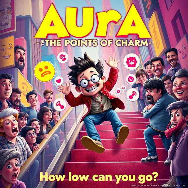 A playful movie poster featuring a quirky character navigating a chaotic world where 'aura points' dictate social standing