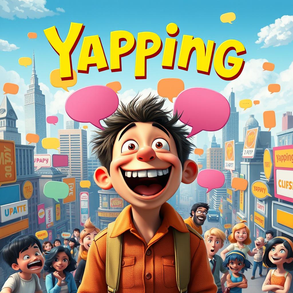 Create a lively movie poster featuring a vibrant cityscape bustling with colorful speech bubbles and chatty characters, all engaged in animated conversations