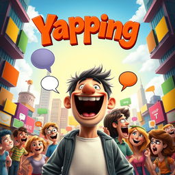 Create a lively movie poster featuring a vibrant cityscape bustling with colorful speech bubbles and chatty characters, all engaged in animated conversations