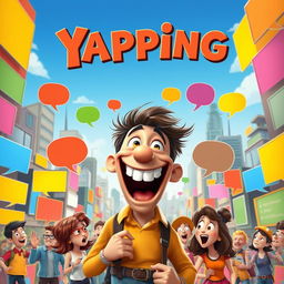 Create a lively movie poster featuring a vibrant cityscape bustling with colorful speech bubbles and chatty characters, all engaged in animated conversations