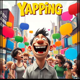 Create a lively movie poster featuring a vibrant cityscape bustling with colorful speech bubbles and chatty characters, all engaged in animated conversations